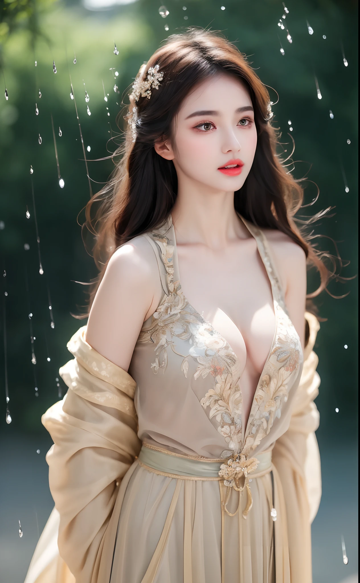 ((Best Quality, 8k, Masterpiece: 1.3)), Focus: 1.2, Perfect Body Beauty: 1.4, Buttocks: 1.2, ((Layered Haircut)), (Wet Clothes: 1.1), (Rain, Street:1.3), (Breasts: 1.2), (Hanfu: 1.2), Bare Shoulders, Bare Legs, Highly Detailed Face and Skin Texture, Fine Eyes, Double Eyelids, Whitened Skin, Long Hair, (Shut Up: 1.5), (Bokeh Background: 1.5), Big Breasts