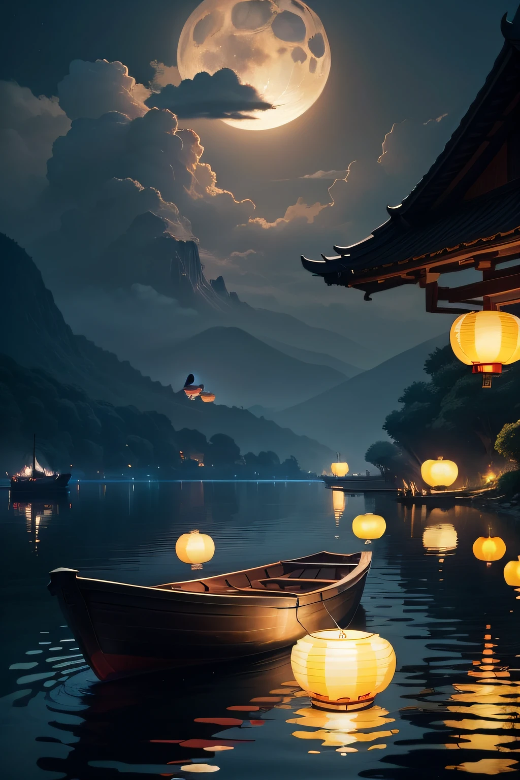 scenecy，small boats，the night，full moon，There are Kong Ming lanterns in the sky，lakes