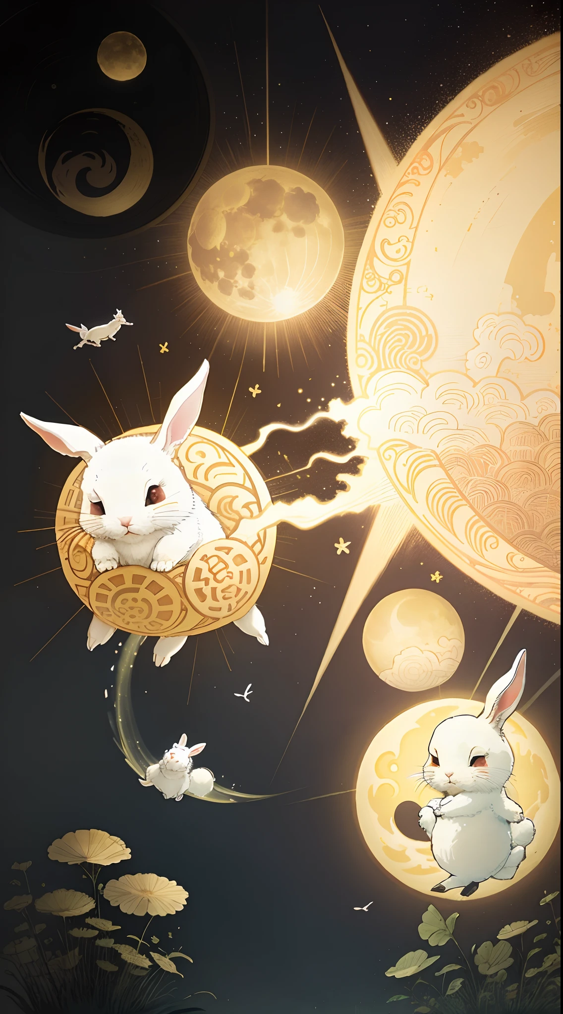 There are a lot of rabbits flying around the moon,Hop on mooncakes,The background is the full moon。, illustratio, Wallpapers,cute illustration, to the moon, 9 k, 9K, inspired by Shūbun Tenshō, 2. 5 d illus, Mooncakes falling from the sky, lunar time, ☁🌪🌙👩🏾, the wallpaper! Clear rabbit,Correct bodies