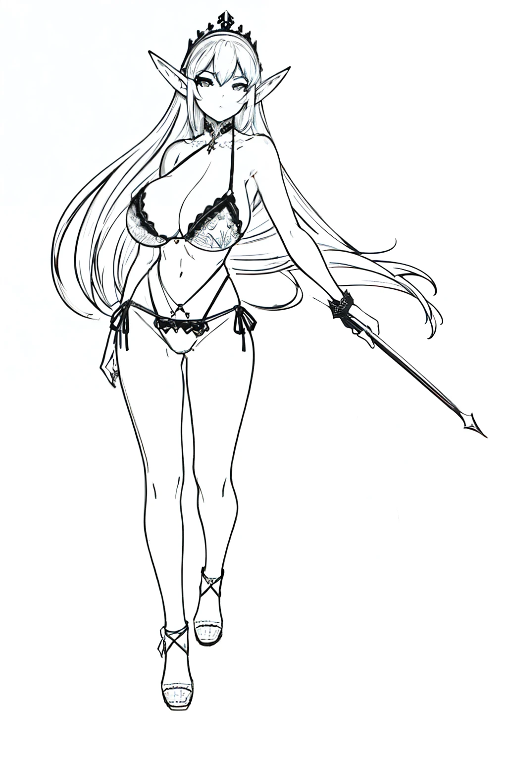 masterpiece, best quality, (detailed background),High contrast,1girl,full body, Bikini, (white background:1.5), ((sketch)), clean lineart, Huge Breasts, Elf, Sexy Pose, Ebony skin, big butt