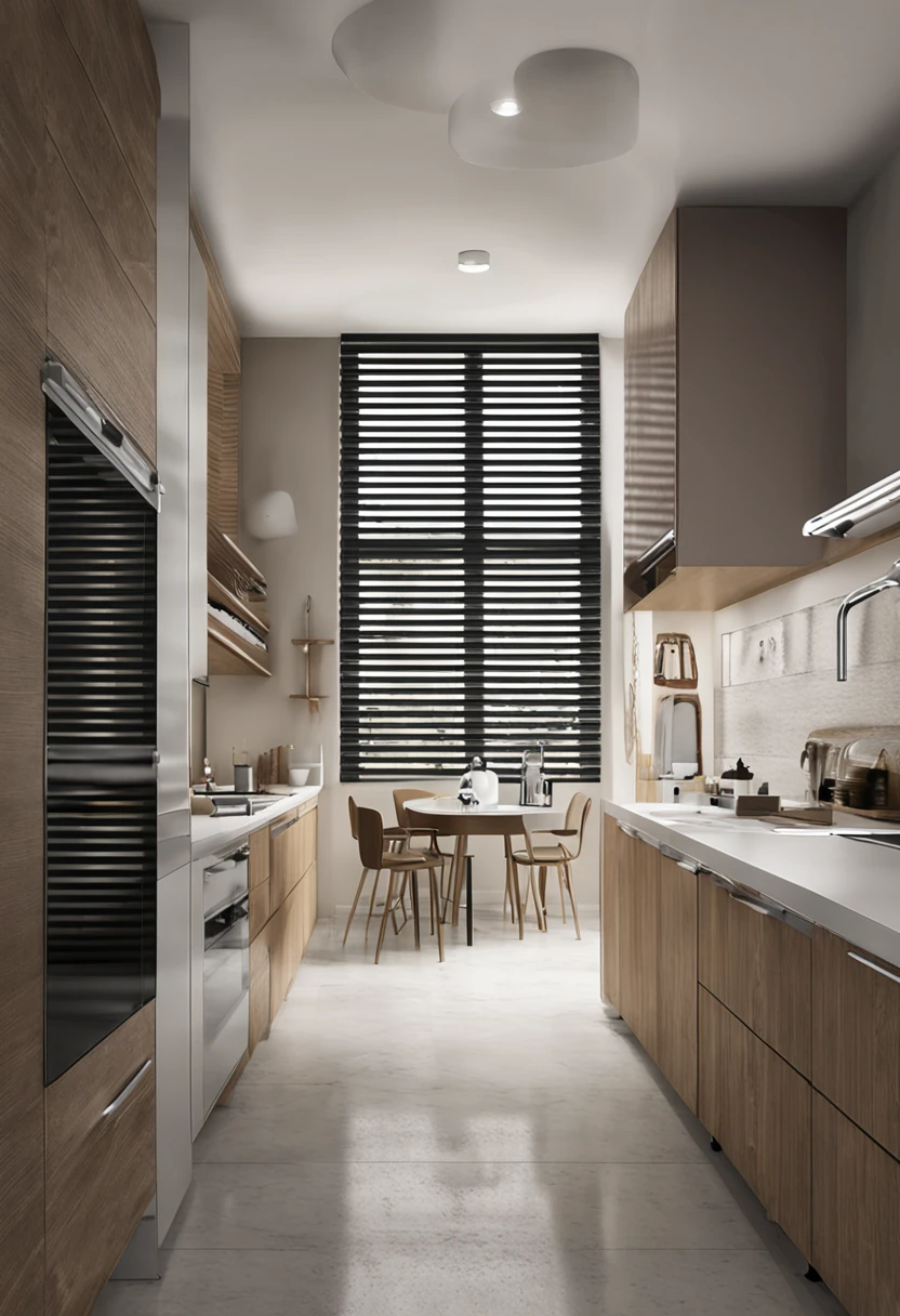 Cozinha moderna com persiana horizontal nas janelas, Aluminium horizontal blind, persiana horizontal, persiana 25 mm, foco na persiana, persiana centralizada na imagem. Persiana no centro Remova as pessoas, Remove old household items, Insert new household items. Cozinha moderna, 8k, foto realista, Obra-prima, 4K, belo design, absurdos, ultra realista, melhor qualidade, masterizar, ultra alta, foto crua, ultra realista, obra-prima, melhor qualidade, super detalhado, ultra high-resolution,