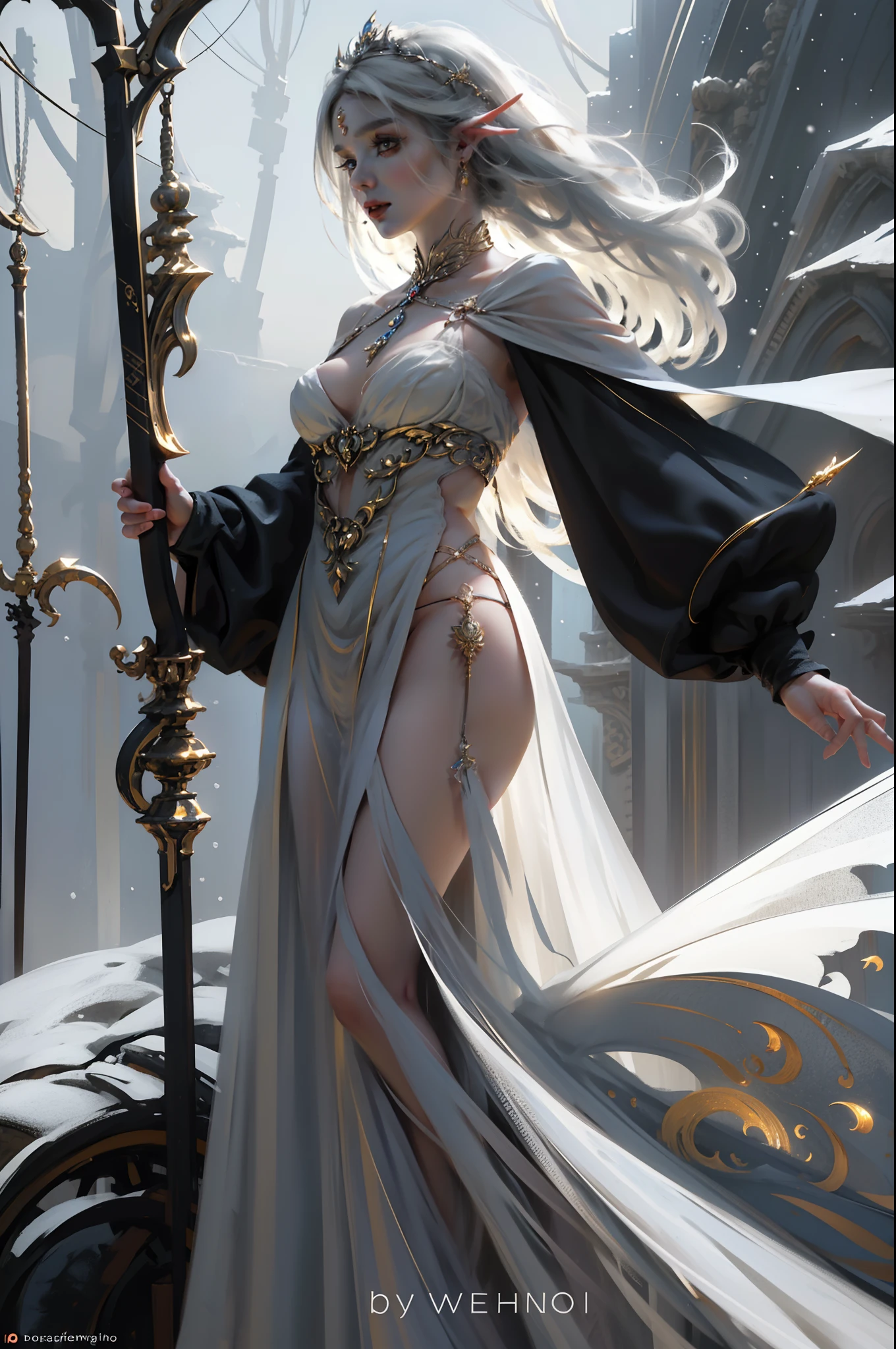 pale skinned,poucas e pequenas queimaduras de frio. Olhos cegos, white lashes, sobrancelha branca e rareada. Pale mouth. long flowing white hair. elvish ears, brincos gota pratas, piercings no topo da orelha. Corpo magro feminino,flowing dress and snow white,sem decote,mangas curtas. fundo nevado