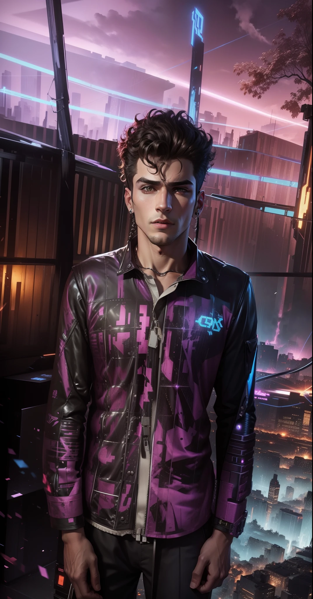 Change background cyberpunk handsome boy,realistic face,8k,ultra realistic,big and curly hair,big chest,jawline