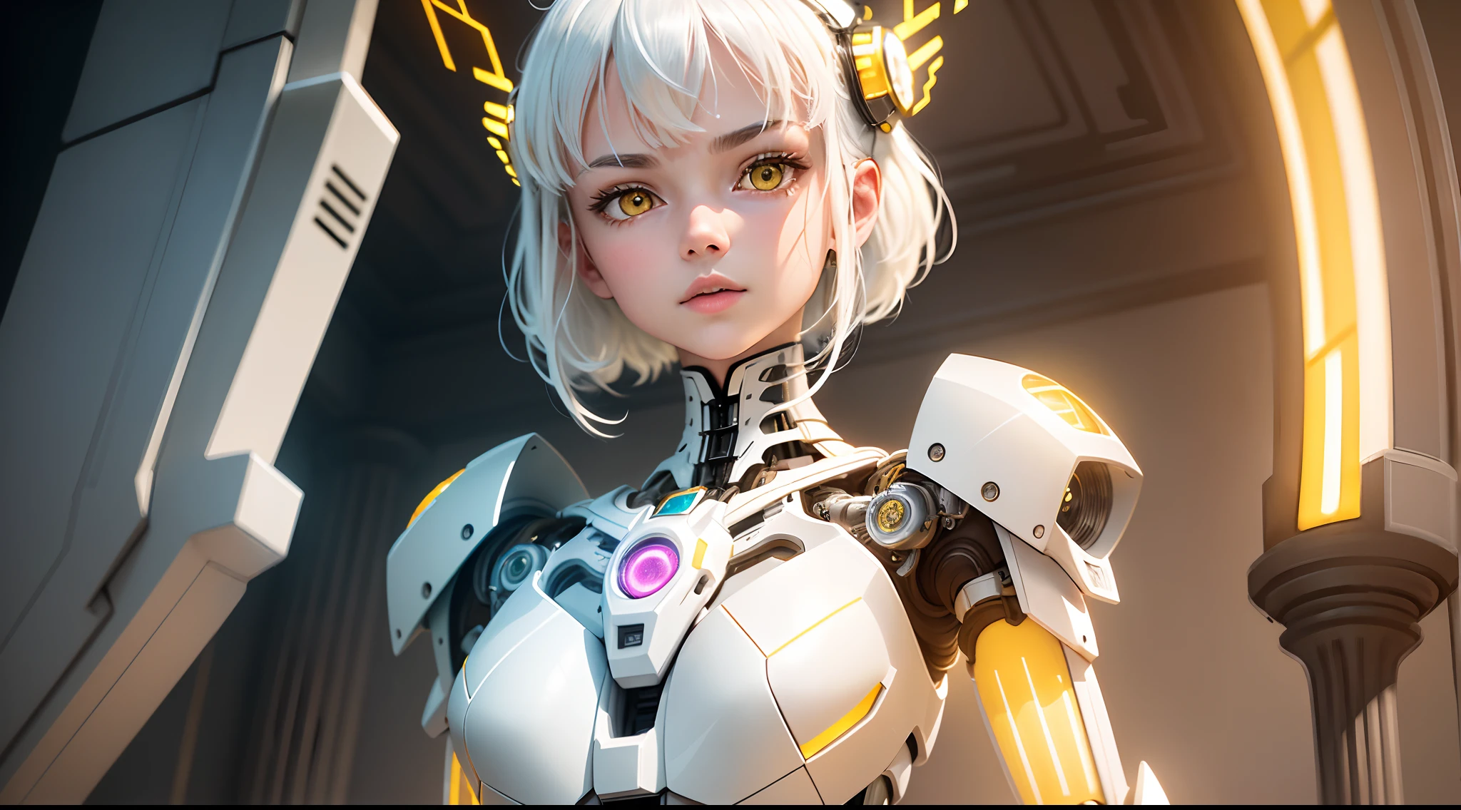 (Masterpiece:1.2), best quality, (illustration:1.2), (ultra-detailed), hyper details, (delicate detailed), (intricate details), (cinematic light, best quality Backlights), from below, solo female, perfect body, (1girl), white hair, glowing yellow eyes,clear line,(robot:1.2), robot head,Bare Metal Skeleton,white hair, ((glowing yellow eyes)), ( white clothes), turn head, high contrast, (best illumination, an extremely delicate and beautiful), ((cinematic light)), colorful