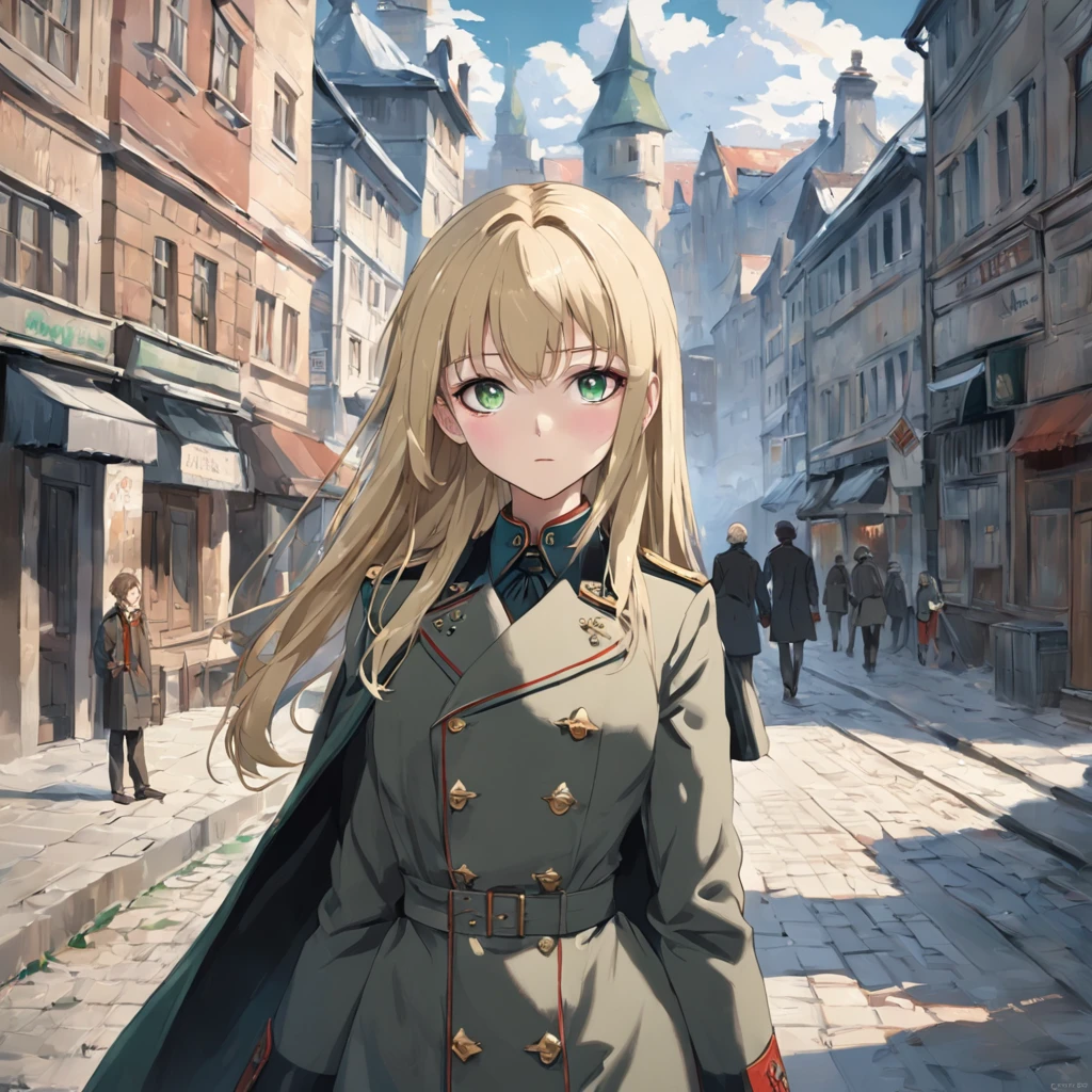 Lonely young girl, Tall stature, little chest, Slavic appearance: Green eyes; blond hair; sharp facial features; Straight nose; pronounced high cheekbones, stands upright, military uniform: gray double-breasted overcoat; gray pants, full length, max detail, Masterpiece quality, black leather gloves, in the middle of the street, Background: A street with a stone paved road with European stone houses from the first half of the 20th century, High quality shadows, High quality of light, High quality clothing.