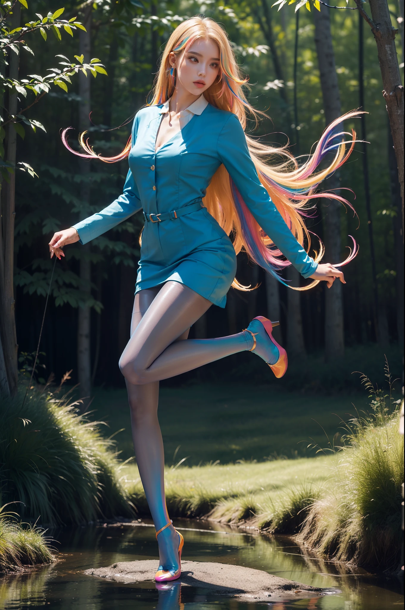 (full body:2)，(1girl:1.3),(view the viewer:1.4)，(anatomy correct:1.4),(((colorful pantyhose)):1.3), (pointed thick heels :1.3),,((Dancing By the creek in the forest):1.2),((Medieval female nurse's knee-length dress suit):1.3),(Extra Long blonde Hair:1.2),(Accurate and perfect face:1.3),(Long legs and big feet:1.3),((Polished clothing):1.2),((Skin reflection , Skin Gloss):1.2)，((((( colorful)))):1.5)，hyper HD, Ray traching, reflective light， structurally correct, Award-Awarded, high detail, lighten shade contrast, Face lighting ，cinematic lighting, masterpiece, super detailing, high quality, high detail, best quality, 16k，High contrast,