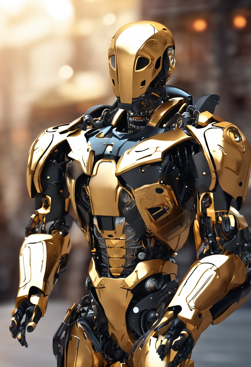 A male android robot in gold and black color, Estilo exterminador, dois olhos redondos de led azul, corpo masculino completo, fundo branco, corpo inteiro, corpo inteiro, estilo arte digital 2d, should appear legs and feet