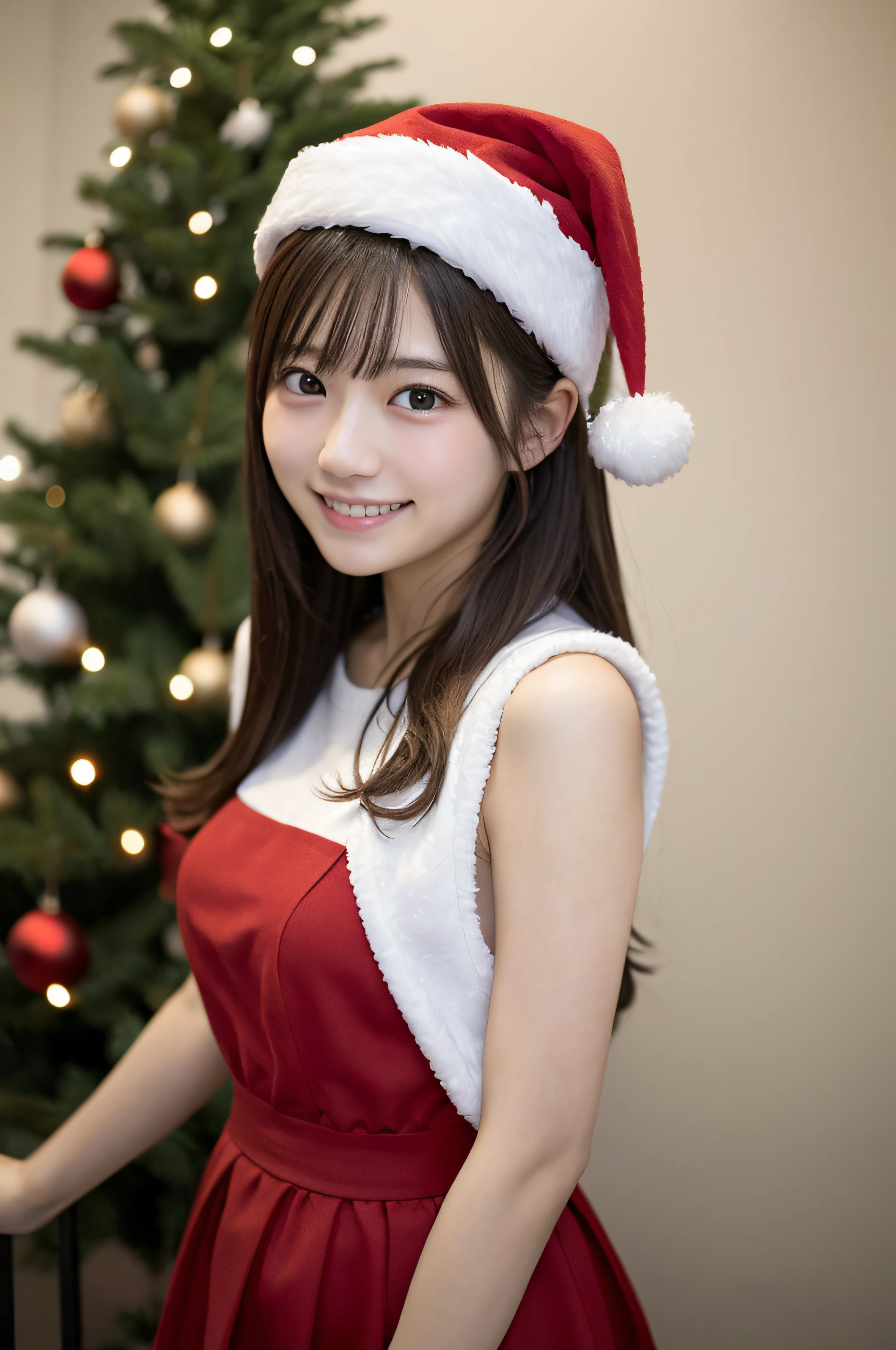 masutepiece, Best Quality、15yo student、女の子1人、Christmas_Dress、Santa Claus costume、Christmas、Christmas tree、femele、hi-school girl、a smile、ssmile、独奏、 Brown hair、Naked femele、​masterpiece、top-quality、Very Detailed Masterpiece、hight resolution、8K、