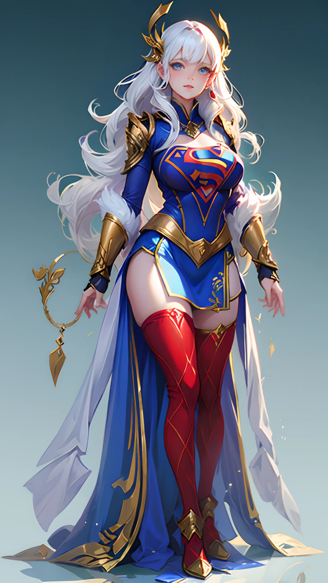 Game character, East Asian original art character design, 1girll, Solo,[:(Gradient background:1.5):40],full body, big breasts, Supergirl costume dress