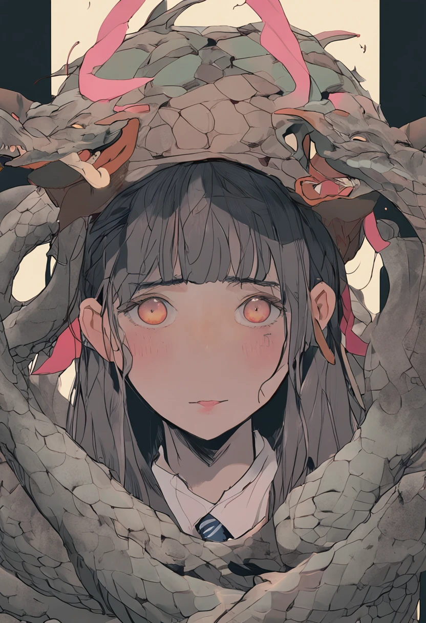 hime cut, brown hair, horns, snake pupils, wolf ears, kubrick stare, fading border, character chart, Surrealism, high detail, Monet, depth of field, vanishing point, Eye-Level Shot, masterpiece