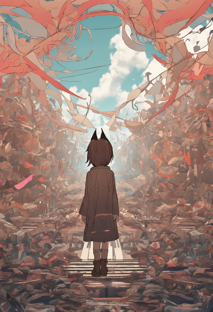 hime cut, brown hair, horns, snake pupils, wolf ears, kubrick stare, fading border, character chart, Surrealism, high detail, Monet, depth of field, vanishing point, Eye-Level Shot, masterpiece