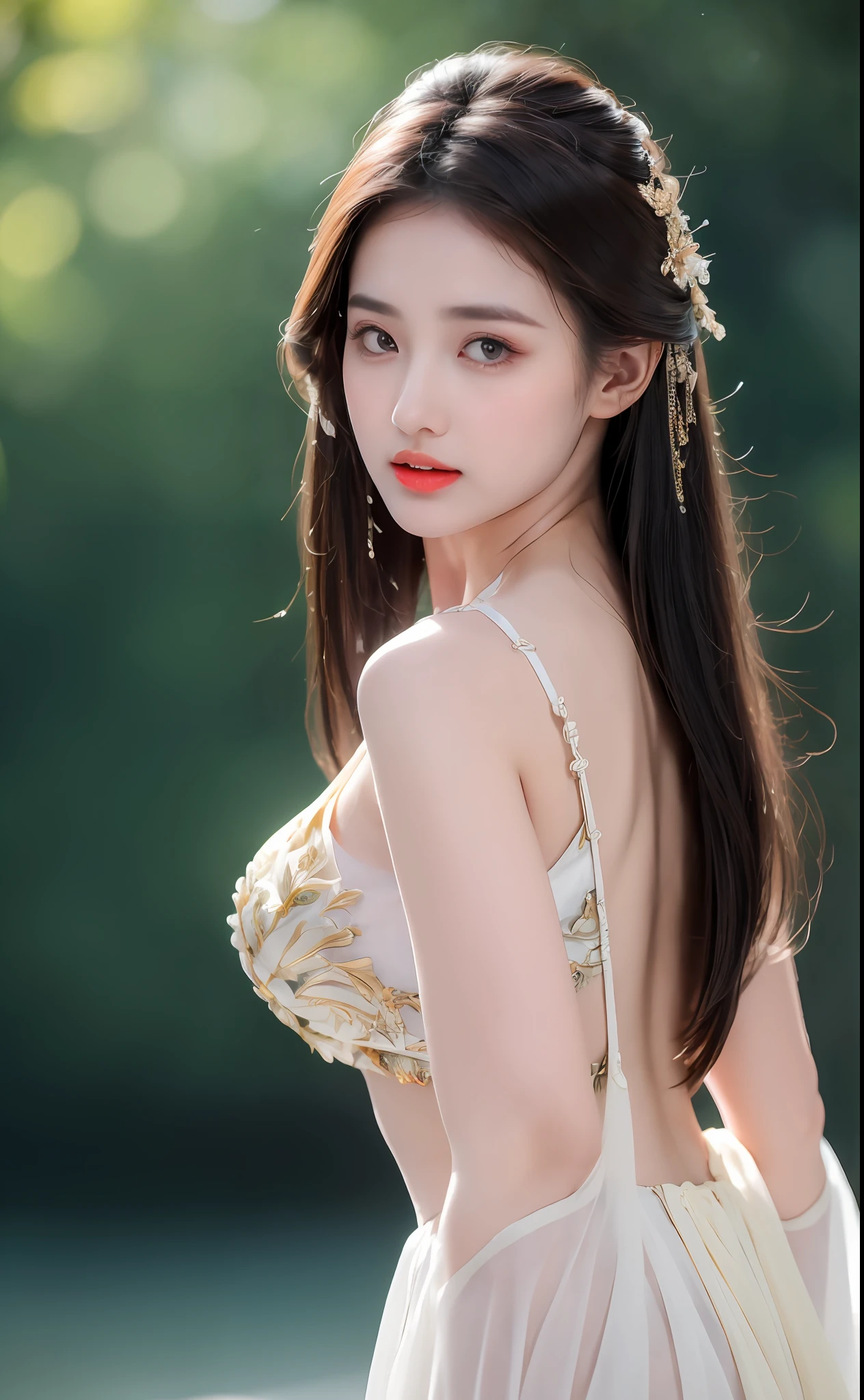 ((Best Quality, 8k, Masterpiece: 1.3)), Focus: 1.2, Perfect Body Beauty: 1.4, Buttocks: 1.2, ((Layered Haircut)), (Wet Clothes: 1.1), (Rain, Street:1.3), (Breasts: 1.2), (Hanfu: 1.2), Bare Shoulders, Bare Legs, Highly Detailed Face and Skin Texture, Fine Eyes, Double Eyelids, Whitened Skin, Long Hair, (Shut Up: 1.5), (Bokeh Background: 1.5), Big Breasts