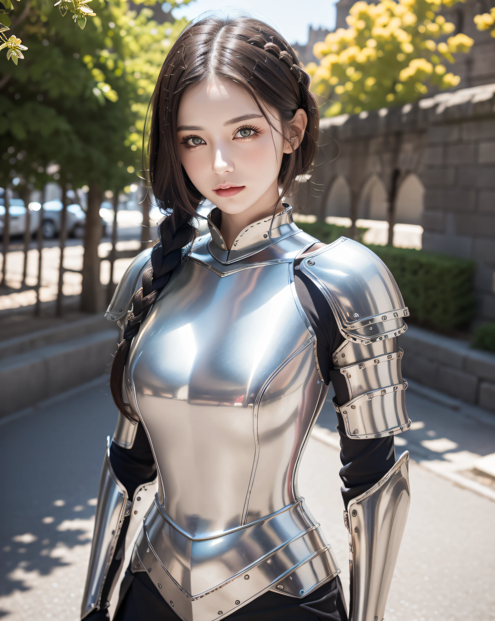 (masterpiece, best quality),(extremely intricate:1.3), (realistic), 1girl, milf, caucasian, green eyes, perfect eyes, perfect iris, perfect pupils, perfect lips,perfect nose, perfect hands, very detailed hands, perfect fingers, black hair, short hair, straight hair, small braid in her hair, (medieval armor), metal reflections, (((silver armor))), outdoors, far away castle, (ornately decorated armor), (insanely detailed, bloom:1.5), chainmail, intense sunlight, professional photograph of a stunning woman detailed, sharp focus, award winning, cinematic lighting, blurry background, upper body, ((confident)), (Pose:looking at the camera),mecha