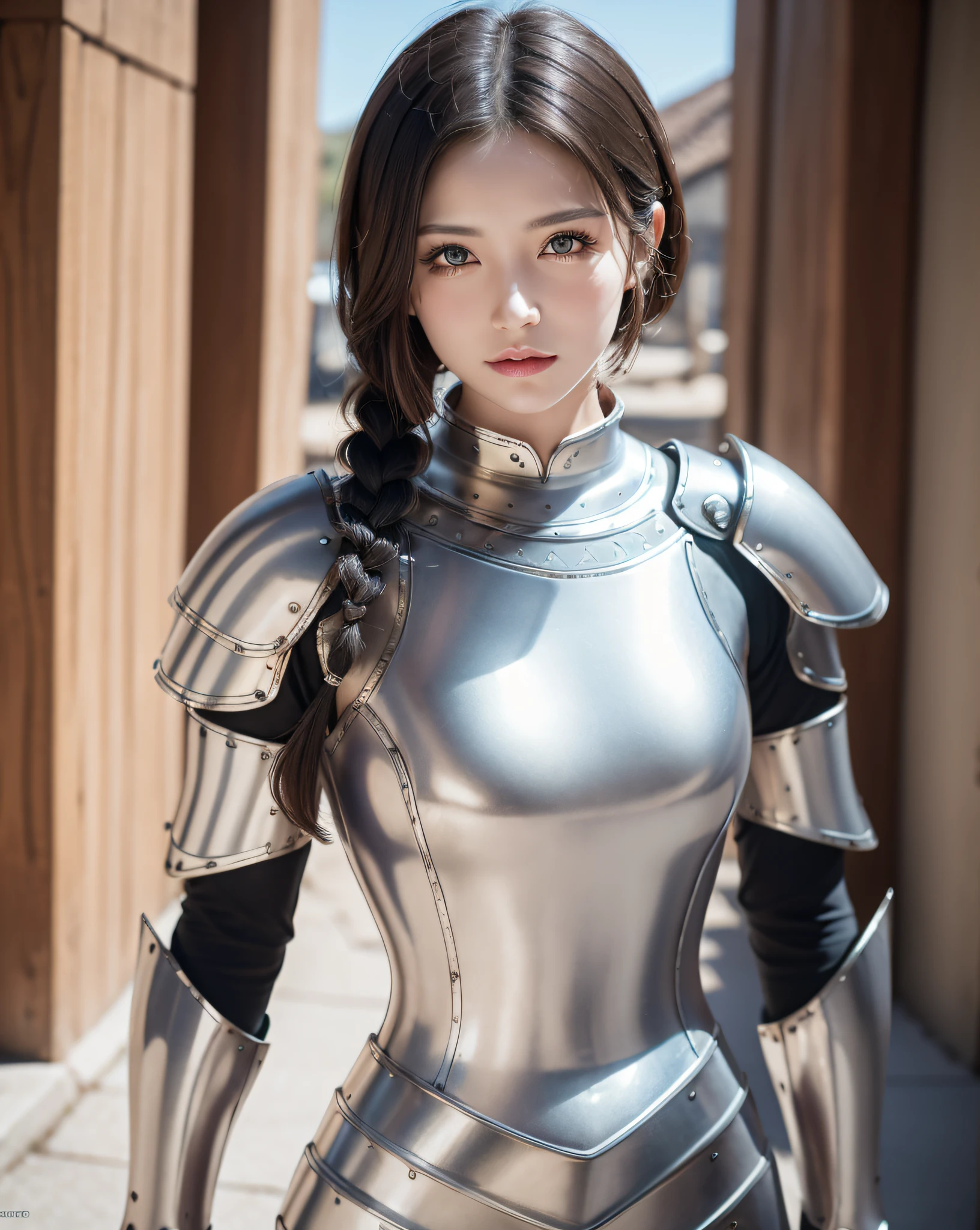 (masterpiece, best quality),(extremely intricate:1.3), (realistic), 1girl, milf, caucasian, green eyes, perfect eyes, perfect iris, perfect pupils, perfect lips,perfect nose, perfect hands, very detailed hands, perfect fingers, black hair, short hair, straight hair, small braid in her hair, (medieval armor), metal reflections, (((golden armor))), outdoors, far away castle, (ornately decorated armor), (insanely detailed, bloom:1.5), chainmail, intense sunlight, professional photograph of a stunning woman detailed, sharp focus, award winning, cinematic lighting, blurry background, upper body, ((confident)), (Pose:looking at the camera), (arms behind back:1.3), stylish posing, 1800's background,