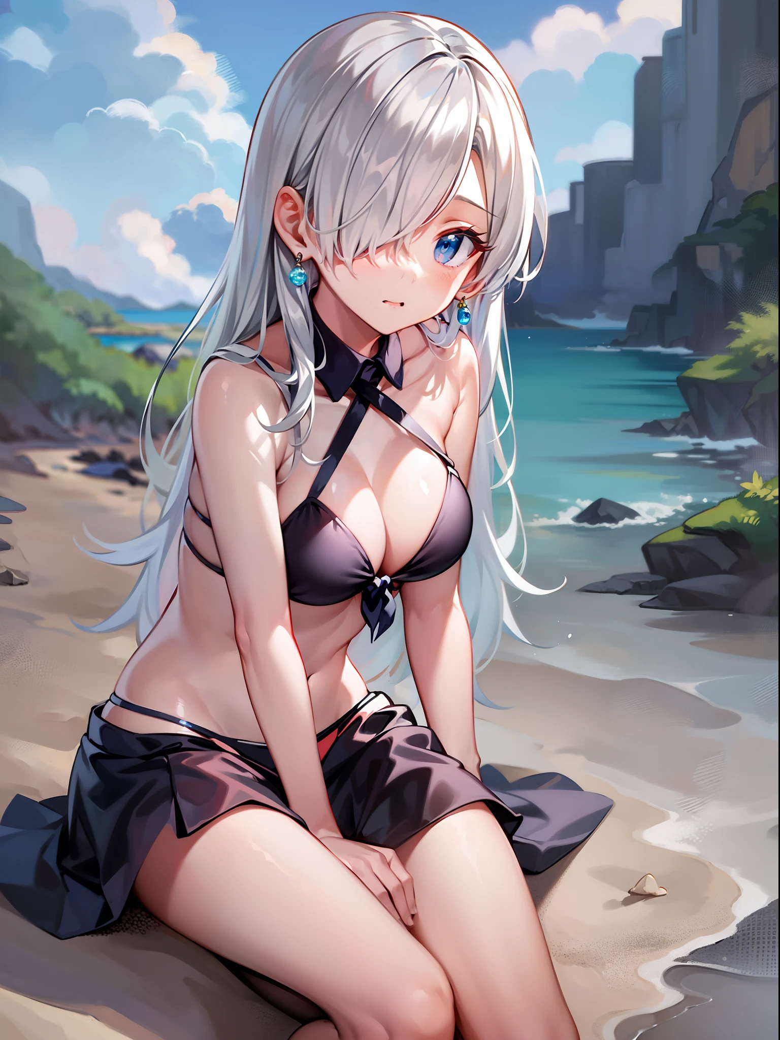 Khmeliza, 1girl in, Hair above one eye、White hair、Jewelry, single thighhigh, Midriff, Black skirt, Asymmetrical legwear、crouching down、Physical education sitting、The bikini、the beach、blue-sky、suns、​​clouds、Into the cloud、Holding your legs