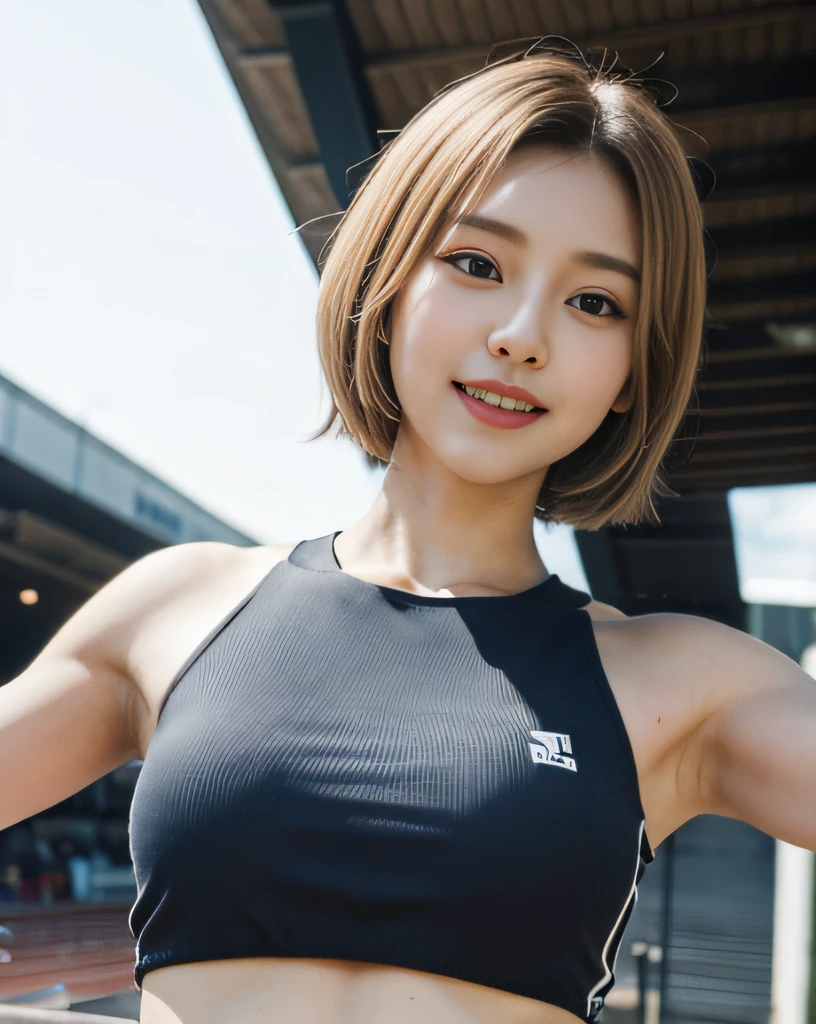 zydG, 1girls, Front view, stand, looking the viewer, exposed skin, (from below),brown-eyed, (blonde very short hair:1.2), (light hair), (medium breasts:1.4), smile with white teeth, (photorealestic:1.4), (Top image quality:1.0), (UltraHighResolution:1.0), 8K, Raw photography, (A masterpice:0.2), track and field uniforms, show abs, (sweat, wetty:1.1), portlate, facefocus, ful body,(pureerosface_v1:0.5), outdoor, track and field,