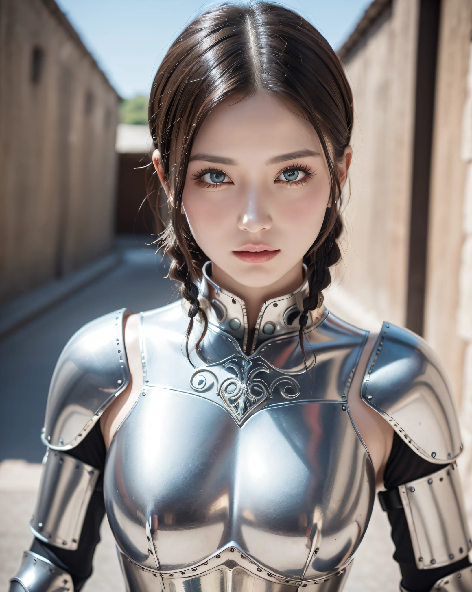 (masterpiece, best quality),(extremely intricate:1.3), (realistic), 1girl, milf, caucasian, green eyes, perfect eyes, perfect iris, perfect pupils, perfect lips,perfect nose, perfect hands, very detailed hands, perfect fingers, black hair, short hair, straight hair, small braid in her hair, (medieval armor), metal reflections, (((silver armor))), outdoors, far away castle, (ornately decorated armor), (insanely detailed, bloom:1.5), chainmail, intense sunlight, professional photograph of a stunning woman detailed, sharp focus, award winning, cinematic lighting, blurry background, upper body, ((confident)), (Pose:looking at the camera),mecha