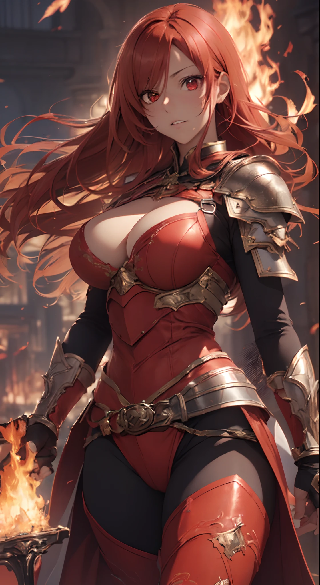 (masutepiece:1.5), the Extremely Detailed CG Unity 8K Wallpapers,(Realistic,Photorealsitic,hyper realisitic:1.5),(during daytime,bloom:1.4),(Curve,Model,glamor:1.5),Beautiful breasts,Farbe_aberration,beautiful detailed shadow,Beautiful eyes,Beautiful body,Beautiful skin,beautifull hands,(Red Western Armor:1.4),(Red hair,Long hair,Red Eyes:1.5)、(Holding a flaming sword in his hand,Holding a sword:1.4),(Large_breasts:1.5),Rin々Shishi Face,(A well-proportioned and perfect body:1.5),intricate detailes, from a_Below, shiny_skin, , side locks, (Hair fluttering in the wind:1.3), (Burning feathers:1.4),Anime girl with red hair and sword in front of the city, female redhead templar,redhead queen in heavy red armor, lady in red armor, Red armor, armor girl,