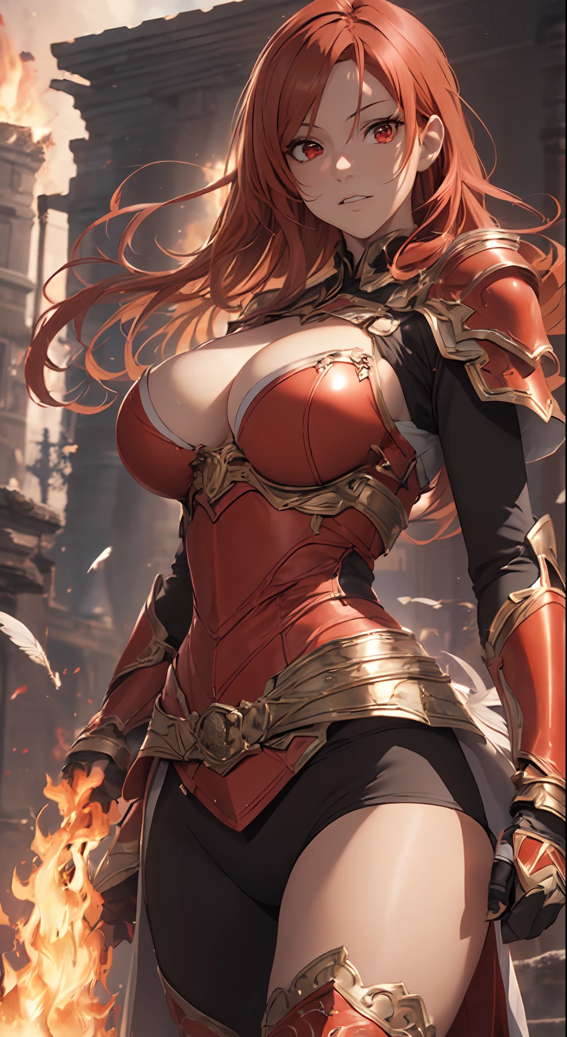 (masutepiece:1.5), the Extremely Detailed CG Unity 8K Wallpapers,(Realistic,Photorealsitic,hyper realisitic:1.5),(during daytime,bloom:1.4),(Curve,Model,glamor:1.5),Beautiful breasts,Farbe_aberration,beautiful detailed shadow,Beautiful eyes,Beautiful body,Beautiful skin,beautifull hands,(Red Western Armor:1.4),(Red hair,Long hair,Red Eyes:1.5)、(Holding a flaming sword in his hand,Holding a sword:1.4),(Large_breasts:1.5),Rin々Shishi Face,(A well-proportioned and perfect body:1.5),intricate detailes, from a_Below, shiny_skin, , side locks, (Hair fluttering in the wind:1.3), (Burning feathers:1.4),Anime girl with red hair and sword in front of the city, female redhead templar,redhead queen in heavy red armor, lady in red armor, Red armor, armor girl,