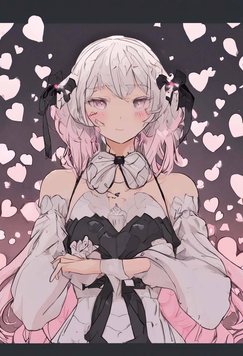 1girl , nocturnal , dark , depressive , ethereal , mysterious , pastle pink hairbl, swan hair ornament,black skirt, Heart-shaped pupils, black eyes,Shy, Kizi,swan background, nose blush, anime big breast, Anime style, shadowing, stereograms, character sheets, reference sheet, hyper HD, High details, High quality, 16k