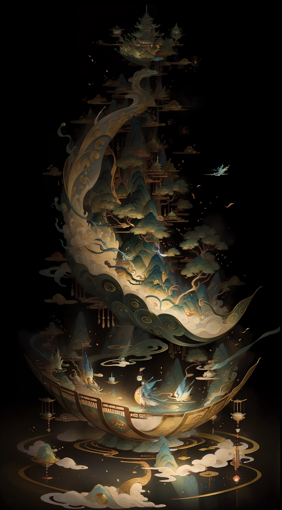a musical instrument floating on top of a body of water, victor ngai, by Victo Ngai, traditional chinese art, ancient china art style, by Cheng Shifa, eastern art style, artwork in style of sheng lam, chinese mythology, chinese style painting, tibetan painting, song of the wind, victo ngai. unreal engine, oriental art nouveau