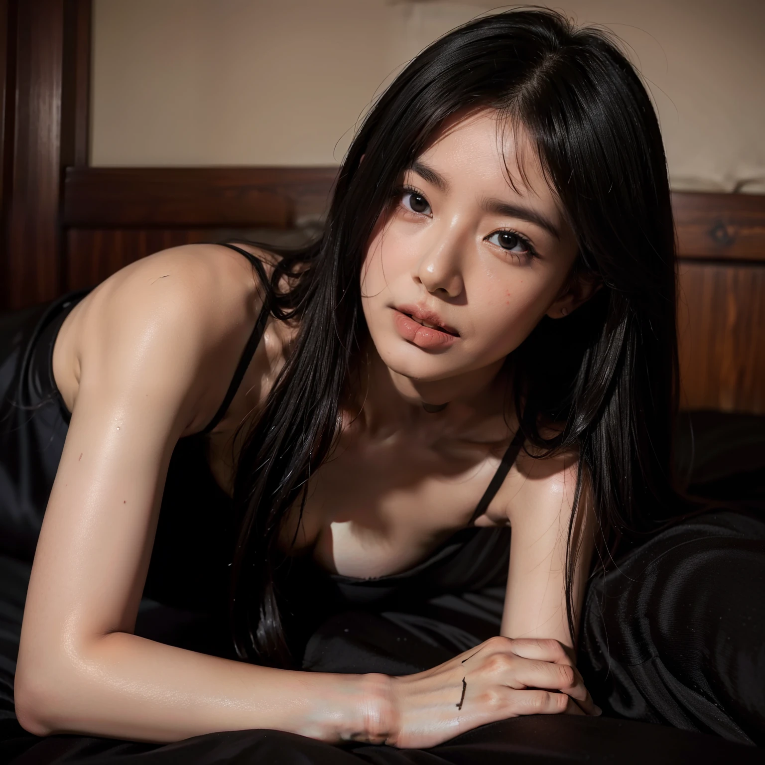 A girl in black silk,biting lip,slightly red face,Lie down in bed,I only covered myself with a towel,There were water stains all over the bed lying on the bed