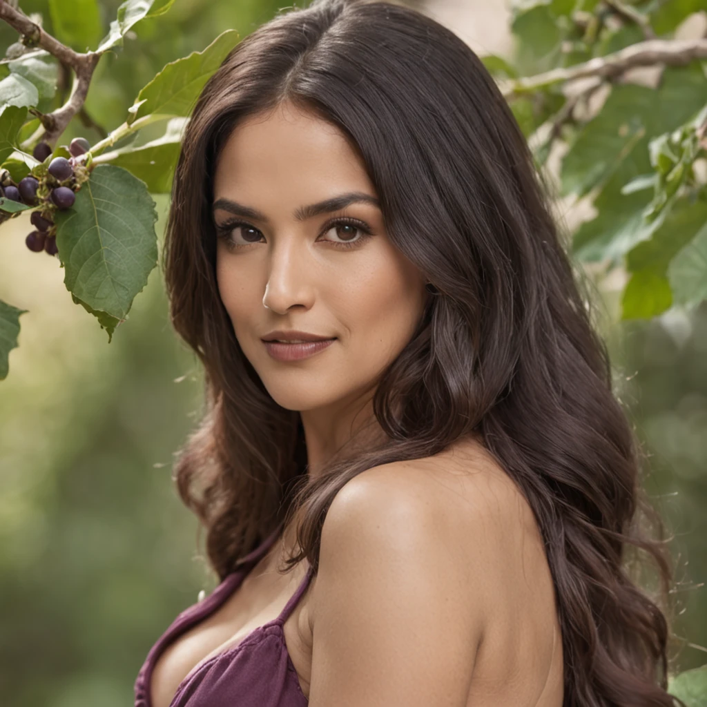 Salma Hayek, Purple bikini, smiles slyly, Against the backdrop of a magical forest, Large plums grow on a large tree, good tits, High-quality hands and fingers, symmetric eyes, Hot photo, leans forward, Hands Behind Your Back, Very realistic, candid photo