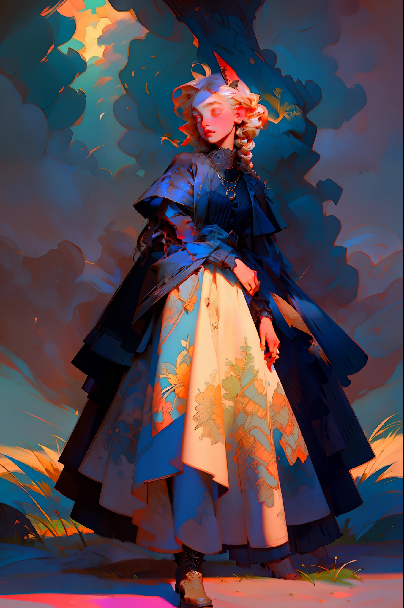 Top image quality、masterpiece、an oil painting、Norman Rockwell's style、 beautiful a girl、The iris is blue、Cute little face、Light makeup、Cat's ears、blonde hair in braids、Luxurious necklace around the neck、tiny chest、Big buttocks、sitting on、portrait of a full body、alchemist、She holds a magic wand in her right hand、 She has a lantern hanging in her left hand、Long dress in Gothic style with intricate decoration、Leather boots、valley、a river、grass field、thirds rule、low angles、Particle、the wind、florals、looking at viewert