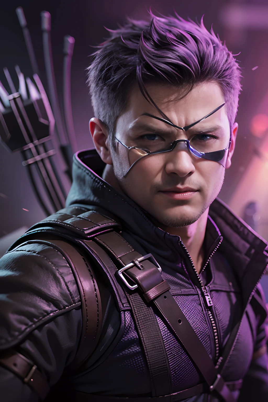Marvel version of Hawkeye portrait,((Bow and arrow in hand:1.3)),(Jeremy Rayner:1.8)full-body portraits,Fighting posture,Vicious eyes,com rosto detalhado,Slightly vicissitudes, Award-winning photo、Bokeh、, surrealism, Cinematic lighting, shadowing, High details, High quality, Award-Awarded,
