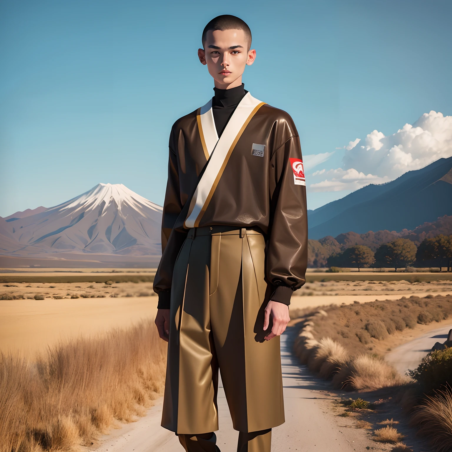 a 17-year-old teenage boy, brown short hair, light brown short hair, short hair parted in the middle bright eyes, japan high school uniform, full body, wide angle, realistic, 8k, japanesse school boy