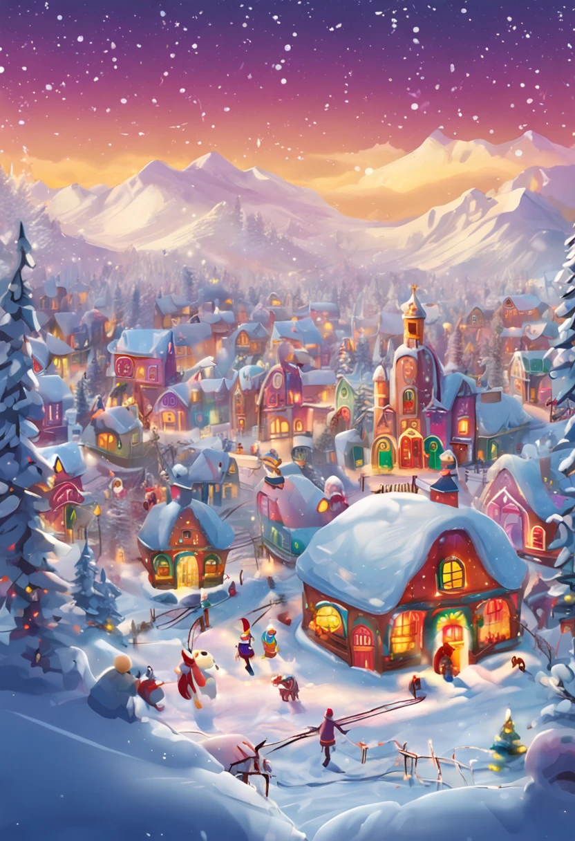 Draw A breathtaking view of the snow-covered Plateau with enchanted villages surrounded by colorful lights. Draw In the center, two young elves. draws a giant snowman, wearing sunglasses and a pirate hat.