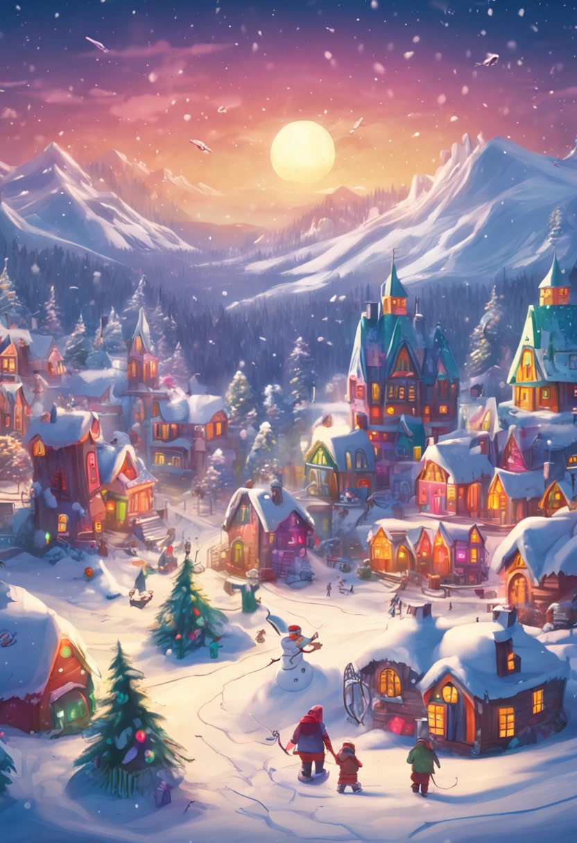 Draw A breathtaking view of the snow-covered Plateau with enchanted villages surrounded by colorful lights.  Draw In the center, two young elves. draws a giant snowman, wearing sunglasses and a pirate hat.