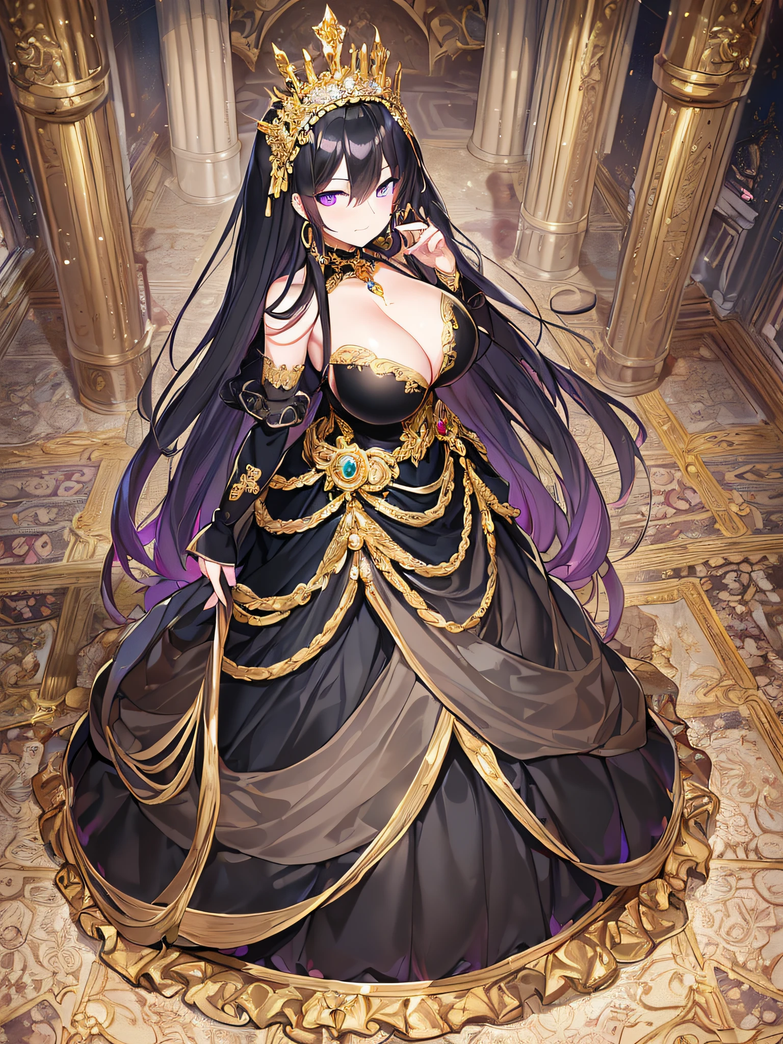 ((anime artstyle)),(Masterpiece),(Best Quality),(Super Detail),(Very Delicate and Beautiful),Solo,((full body)),from above,standing in the royal palace,((1 arrogant queen in BlingBling black and gold gorgeous rococo ballgown with voluminous full length hoop skirt)),(crinoline),gorgeousfull embroidery,Long train,((arrogant,haughty)),(((arrogant smile))),Sharp eyes,((gorgeous gemstone jewelry)),detailed face and eyes,jewel-like eyes,Purple eyes,(Bangs between eyes),((large amount of straight hair,extremely Long voluminous black Hair)),((gigantic tits,Long tits)),gorgeousfull embroidery,cleavage,extremely gorgeousfull hair ornament,(bling-bling extremely gorgeousfull jeweled tiara),gorgeous corsage,(Dynamic Angle),Looking at viewer,((full body)),((BlingBling black and gold gorgeous rococo ballgown with voluminous full length hoop skirt))
