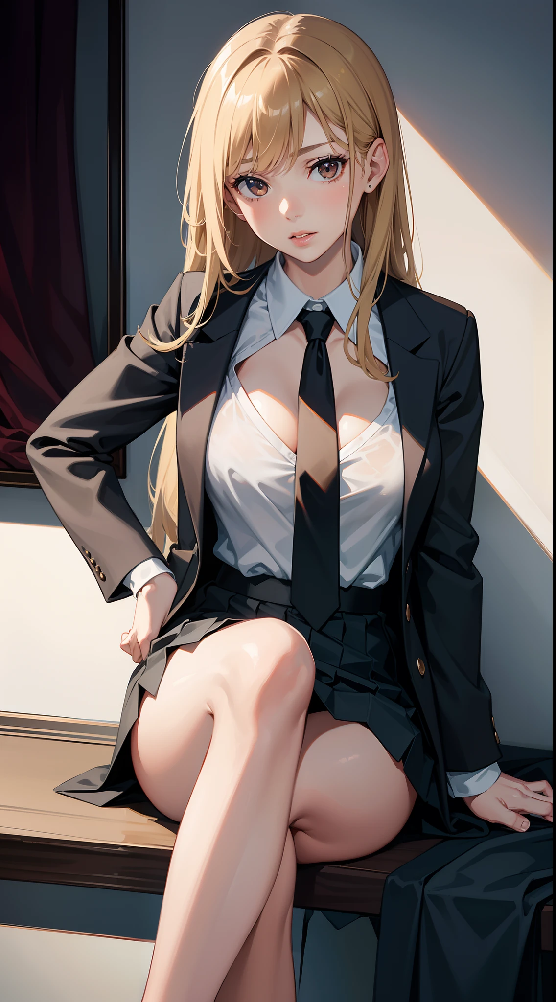 1girl, black necktie, blonde hair, breasts, brown eyes, brown hair, cellphone, crossed legs, lips, looking at viewer, necktie, necktie between breasts, open shirt, panties, phone, realistic, shirt, sitting, skirt, thighs, underwear