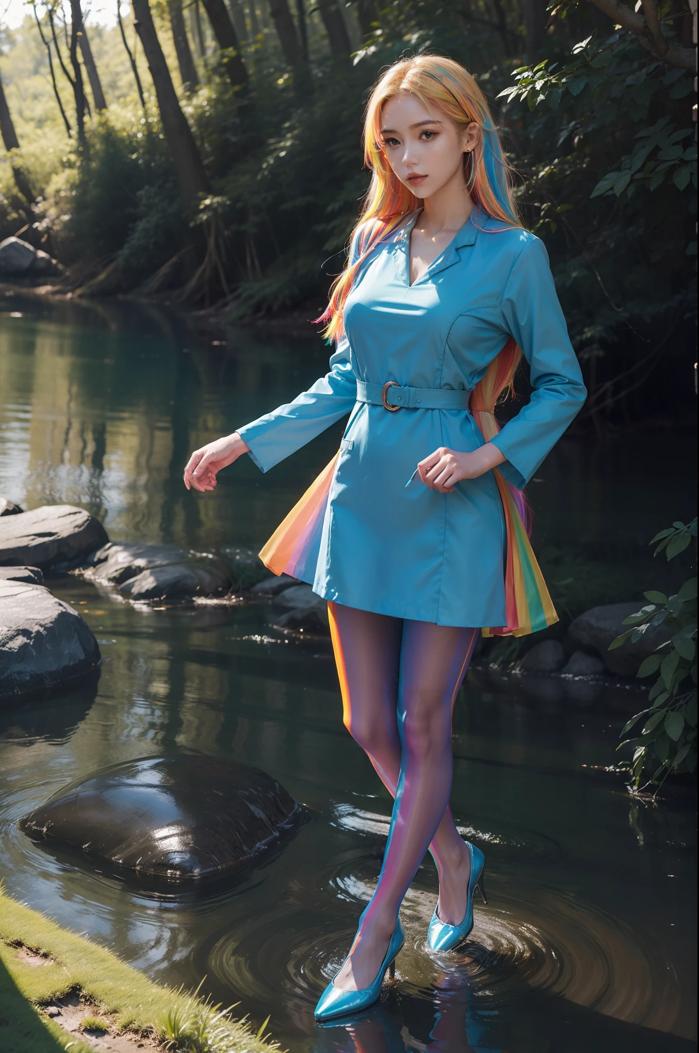 (full body:2)，(1girl:1.3),(view the viewer:1.4)，(anatomy correct:1.4),(((colorful pantyhose)):1.3), (pointed thick heels :1.3),,((Dancing By the creek in the forest):1.2),((Medieval female nurse's knee-length dress suit):1.3),(Extra Long blonde Hair:1.2),(Accurate and perfect face:1.3),(Long legs and big feet:1.3),((Polished clothing):1.2),((Skin reflection , Skin Gloss):1.2)，((((( colorful)))):1.5)，hyper HD, Ray traching, reflective light， structurally correct, Award-Awarded, high detail, lighten shade contrast, Face lighting ，cinematic lighting, masterpiece, super detailing, high quality, high detail, best quality, 16k，High contrast,