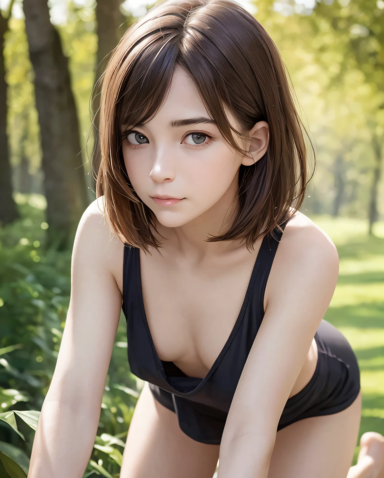 Best Quality, Photorealistic, 8K, hight resolution, fulcolor, 1girl in, 20yr old female, (Closed mouth:1.73), (Skindentation), (Portrait:0.6), Trees, fulcolor, Looking at Viewer:1.8, (1girl eyes looking at viewer:1.55), (Medium Hair, brawn hair, parted hair:1.45), (Bokeh),undergarment,s ass,all-fours,Smaller chest,slender,