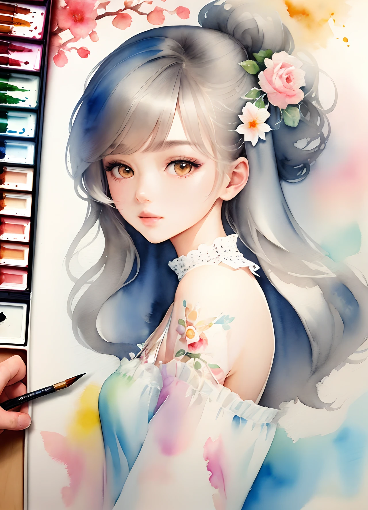 Drawing of a woman with flowers in her hair, Watercolor Art Style, trending on artstration, detailed painting 4 k, kawaii realistic portrait, watercolor painting style, watercolor detailed art, rossdraws pastel vibrant, Beautiful Anime Portrait, realistic cute girl painting, Watercolor painting, beautiful art uhd 4 k, beautiful character painting, a beautiful artwork illustration
