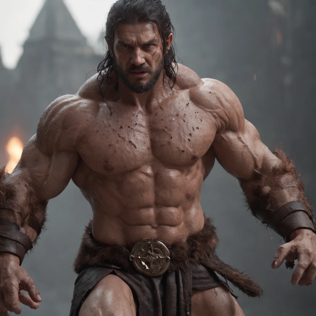 (professional 3d render:1.3) af (Realistic:1.3) most beautiful artwork photo in the world,Features soft and shiny male heroes, ((Epic hero fantasy muscle man rough wet hero angry looking long hair short beard and ferocious expression in dynamic pose, Fantastic location, Majestic cluttered environment)), Full body 8K unified rendering, action shot, skin pore, very dark lighting, heavyshading, Detailed, Detailed face, (vibrant, photograph realistic, Realistic, Dramatic, Dark, Sharp focus, 8K), (Old leather garments damaged by weathering:1.4), ((((Wear fur)))), (Intricate:1.4), decadent, (Highly detailed:1.4), Digital painting, rendering by octane, art stations, concept-art, smooth, Sharp focus, illustration, Art germ, (loish:0.23), wlop ilya kuvshinov, and greg rutkowski and alphonse mucha gracias, (Global illumination, Studio light, volumettic light), heavy rain, particles floating, lotr, fantasy, elf, full bodyesbian, ((Dark and ancient city background:1.3)),CGSesociety,art stations