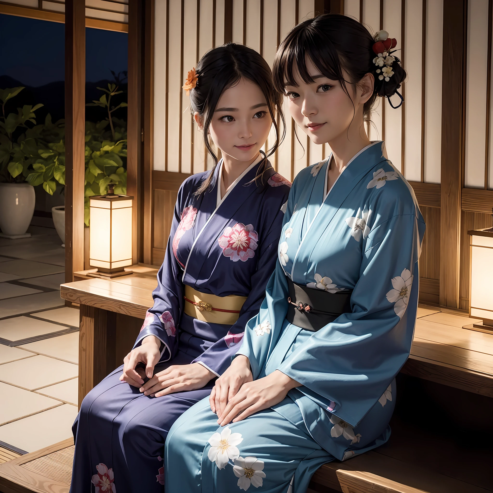 (masterpiece、top-quality:1.2)、ultra-detailliert、lighting like a movie、(((Beautiful woman sitting on the porch)))、A smile、woman wearing the kimono, bath robe, classy yukata clothing, Wearing a colorful yukata, in a kimono, Wearing a kimono, japanese kimono, in a kimono, Komono, wearing a haori, Dark blue yukata with morning glory pattern, A Japanese style, Wearing kimono,Uchiwa、mosquito coil、watermelons、wind chime、