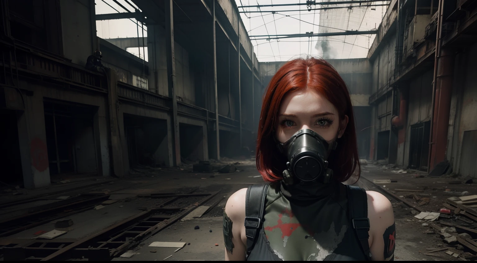 Red head Woman with gas mask in an abandoned factory, toxic waste, Industrial goth atmosphere, dark ambient, ultra detailed, photorealistic, masterpiece.