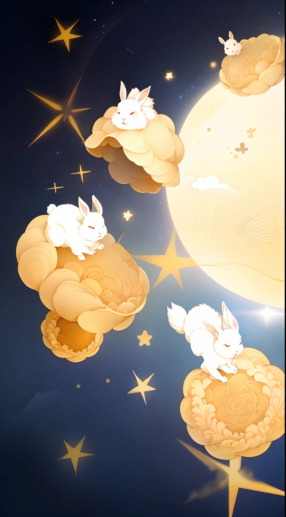 There are a lot of rabbits flying around the moon，Jumping around on mooncakes，The background is the full moon。, illustratio, Wallpapers，cute illustration, to the moon, 9 k, 9K, inspired by Shūbun Tenshō, 2. 5 d illus, Mooncakes falling from the sky, lunar time, ☁🌪🌙👩🏾, the wallpaper! Clear rabbit，The sky is full of stars