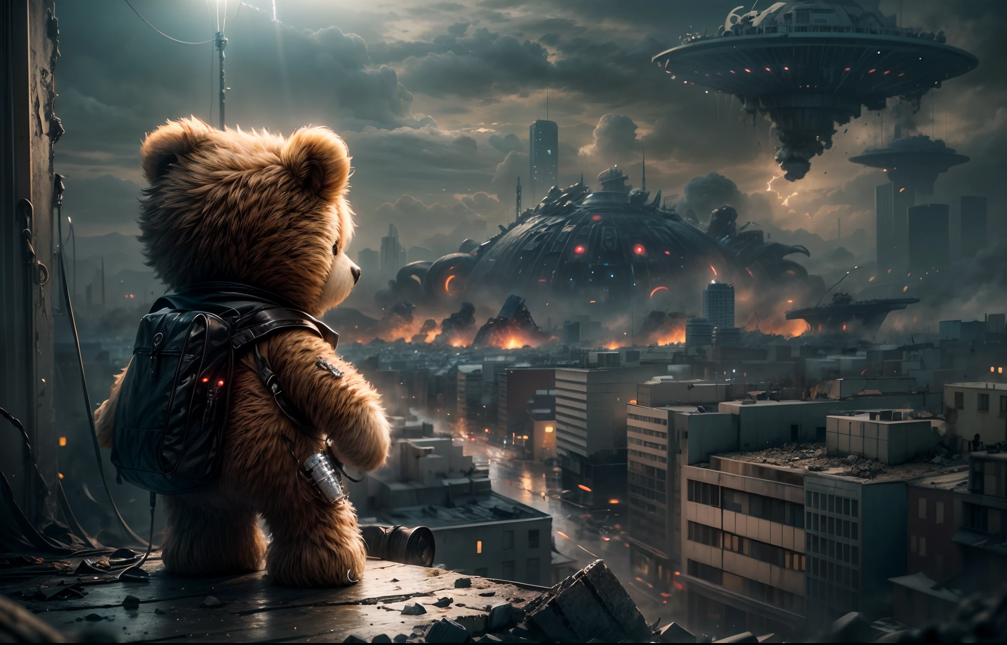 concept art, ultra-wide shot, a small Teddybear doll watching alien invasion, city destroyed, depth of field, award winning, (epic composition, epic proportion),