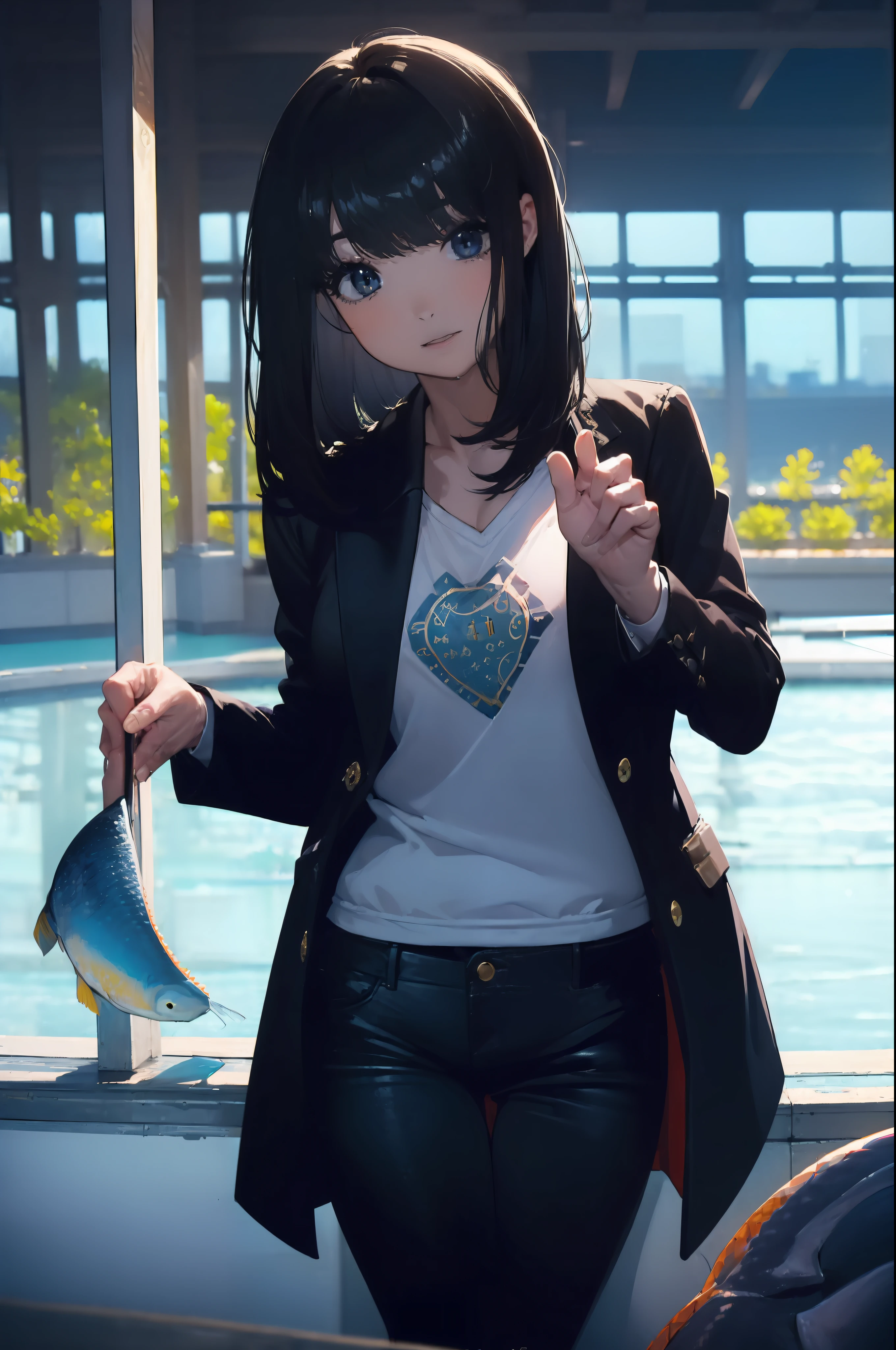 ((((Catching a big fish by the lakeside:1.5)))),((Female 28 years old)),((Best Quality:1.5)),(((Hands with the correct number and structure of fingers:1.4))),((Big fish:1.37)),hight resolution,ultra-detailliert,masterpiece,best qualtiy,Eight-headed body,Black hair, long eyeslashes, Solid Circle Eyes, drop shadow, Atmospheric perspective,Super Detail, ccurate, small brest,(Black jacket and black jeans :1.1),top-quality, blurry backround, bokeh dof:1.2, (masterpiece:1.3), Atmospheric perspective,Super Detail,dynamic compositions,