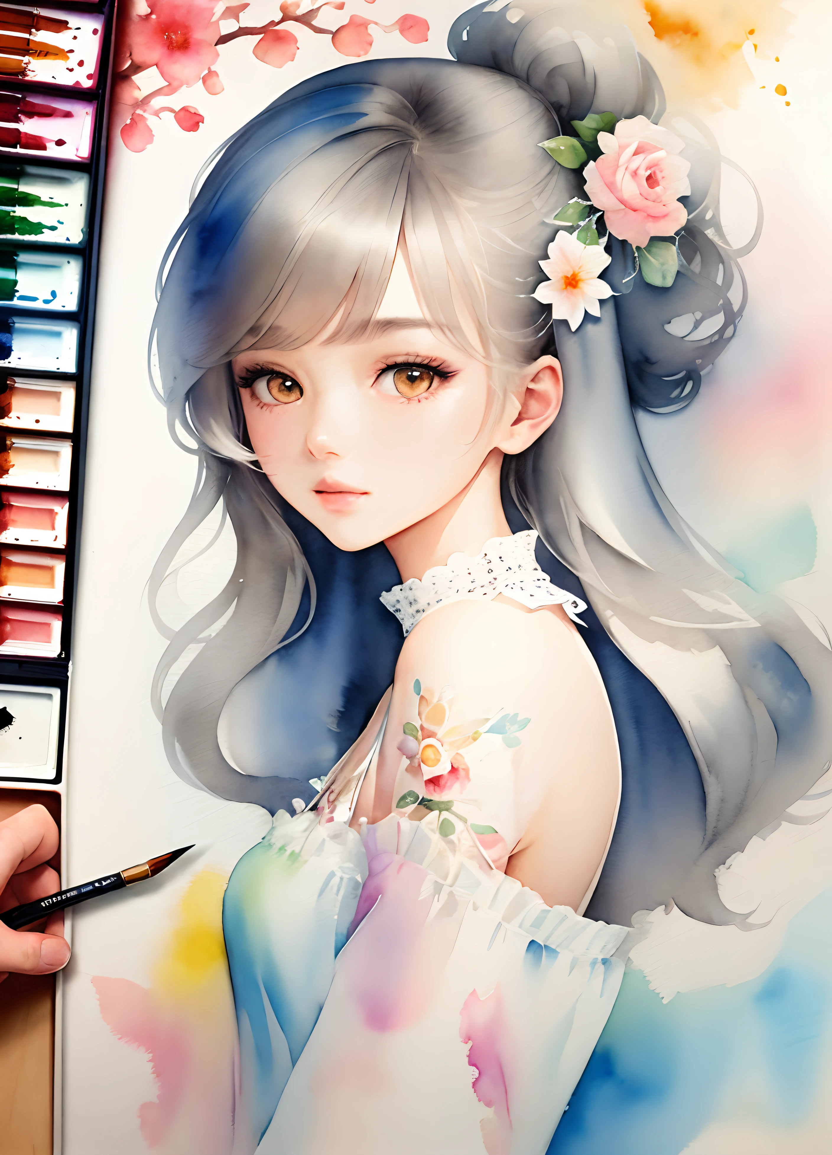 Drawing of a woman with flowers in her hair, Watercolor Art Style, trending on artstration, detailed painting 4 k, kawaii realistic portrait, watercolor painting style, watercolor detailed art, rossdraws pastel vibrant, Beautiful Anime Portrait, realistic cute girl painting, Watercolor painting, beautiful art uhd 4 k, beautiful character painting, a beautiful artwork illustration