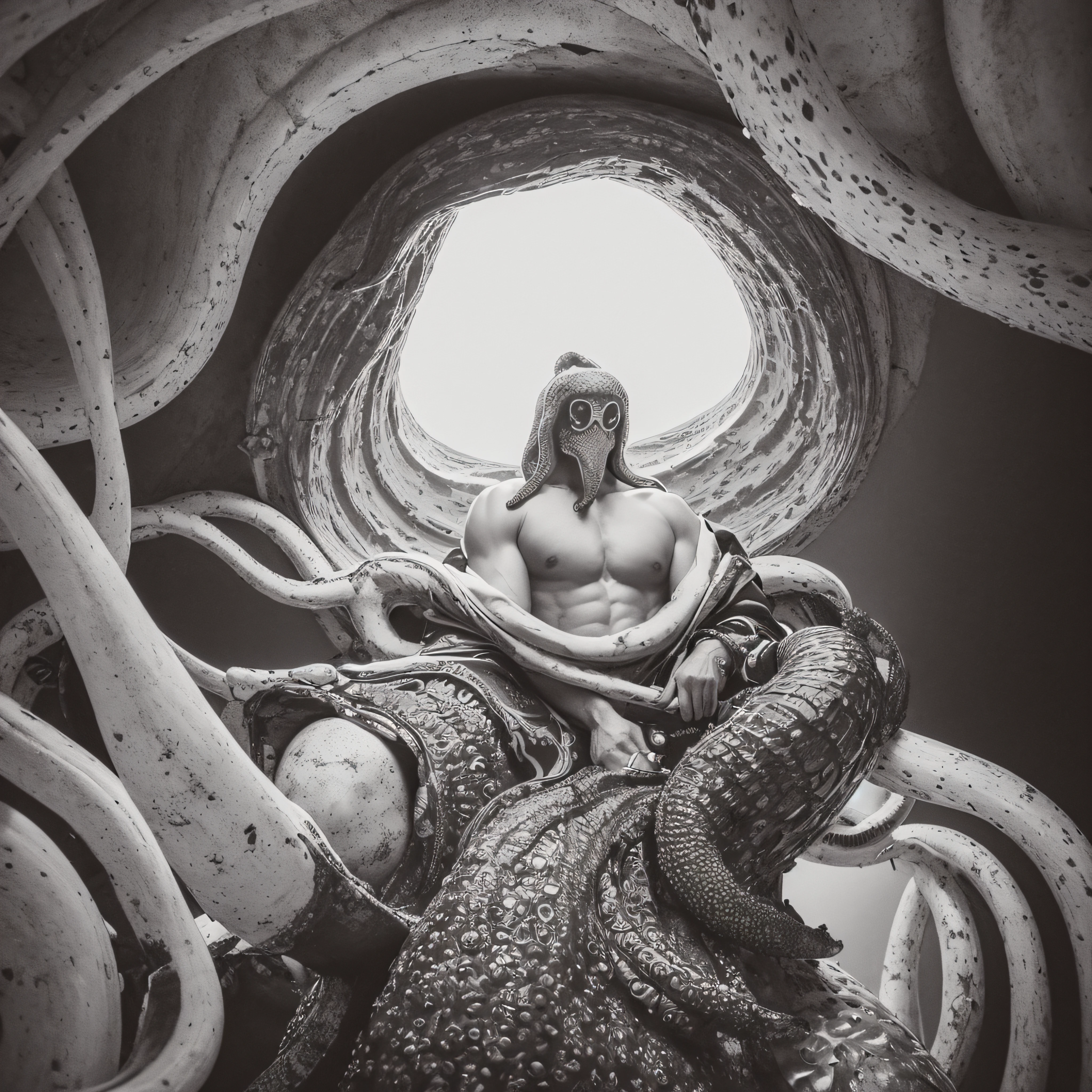 (extremadamente detallado, obra maestra, La mejor calidad, Under the Ocean), Estilo oscuro, volumetric illumination. armadura medieval, rostro con arrugas, lengua larga, tentacle, deforme, imagen submarina vista desde el exterior, pico de pulpo amenazante. manchas de tinta. Rococo composition. Luz de caravaggio