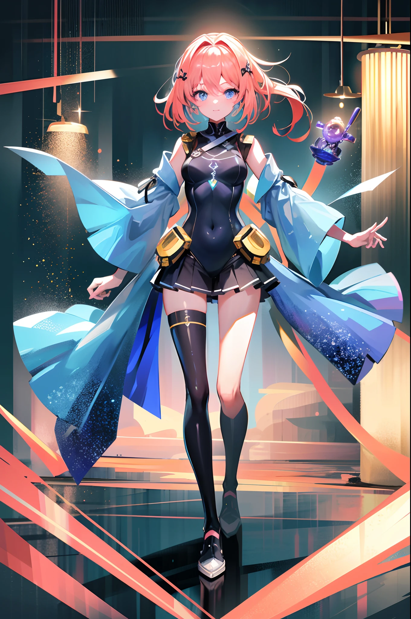 (Masterpiece, Highest quality: 1.3), (16k, high resolution: 1.3), Beautiful teenage girl, Mechanical body, Transparent skin, Cinematic light, with light glowing, Very cute and beautiful Korean woman idol, full bodyesbian, staring at the audience, Firm and dignified eyes,