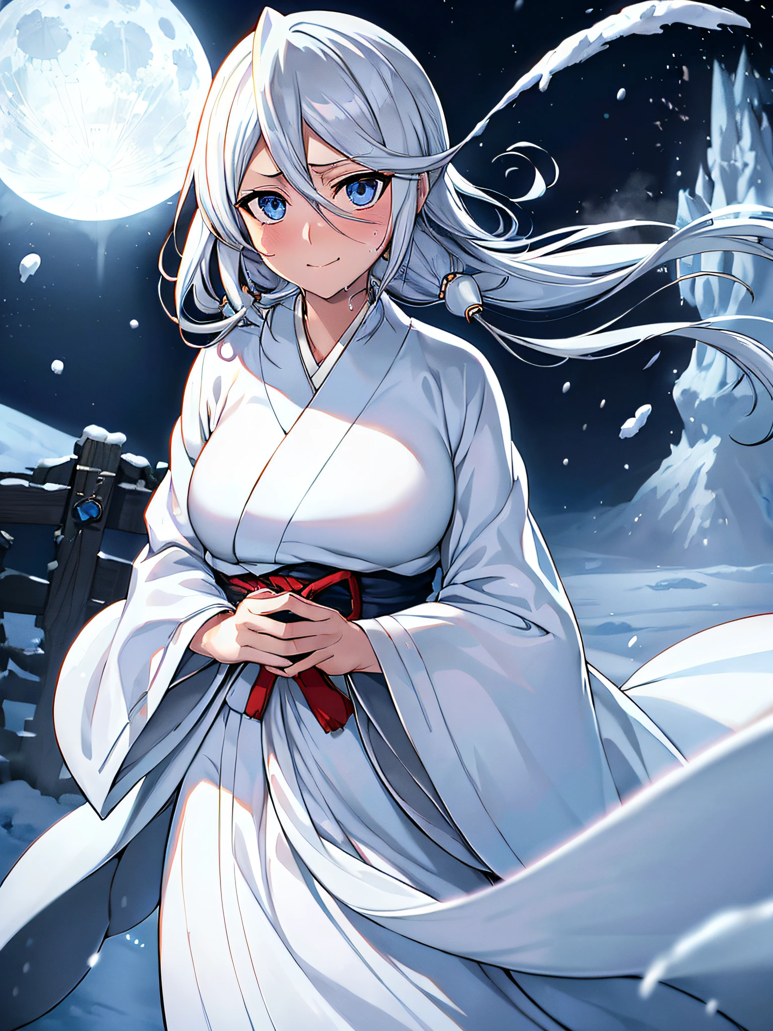 masutepiece++, Highest Quality++, ultra-definition++, ultra-definition++, 4K++, 8K++, (Background Focus)++, Extremely detailed, ((snow mountains/blizzard))++, (((Bleach Kuchiki Rukia) )) +++, ((Yuki Onna)), (((Yuki Onna Kimono))) +++, ((Yuki Onna))++, (Yuki Onna), (Diamond Dust), (Snow flower), ( Ice Hair Ornament)+, (rhyme), (Snow Moonflower), blush, Long hair, (Gray hair), (Straight hair), (Super shiny hair and skin), ((Beautiful)), Snow Body, cleavage, Dynamism, Sweating, Ephemeral smile, Perfect eyes, Perfect hands, Perfect nose, Bleach Kuchiki Rukia, Ephemeral atmosphere, (wet effect) +, (light effect), ( Cinematic Light)+, (Light cinematic)+