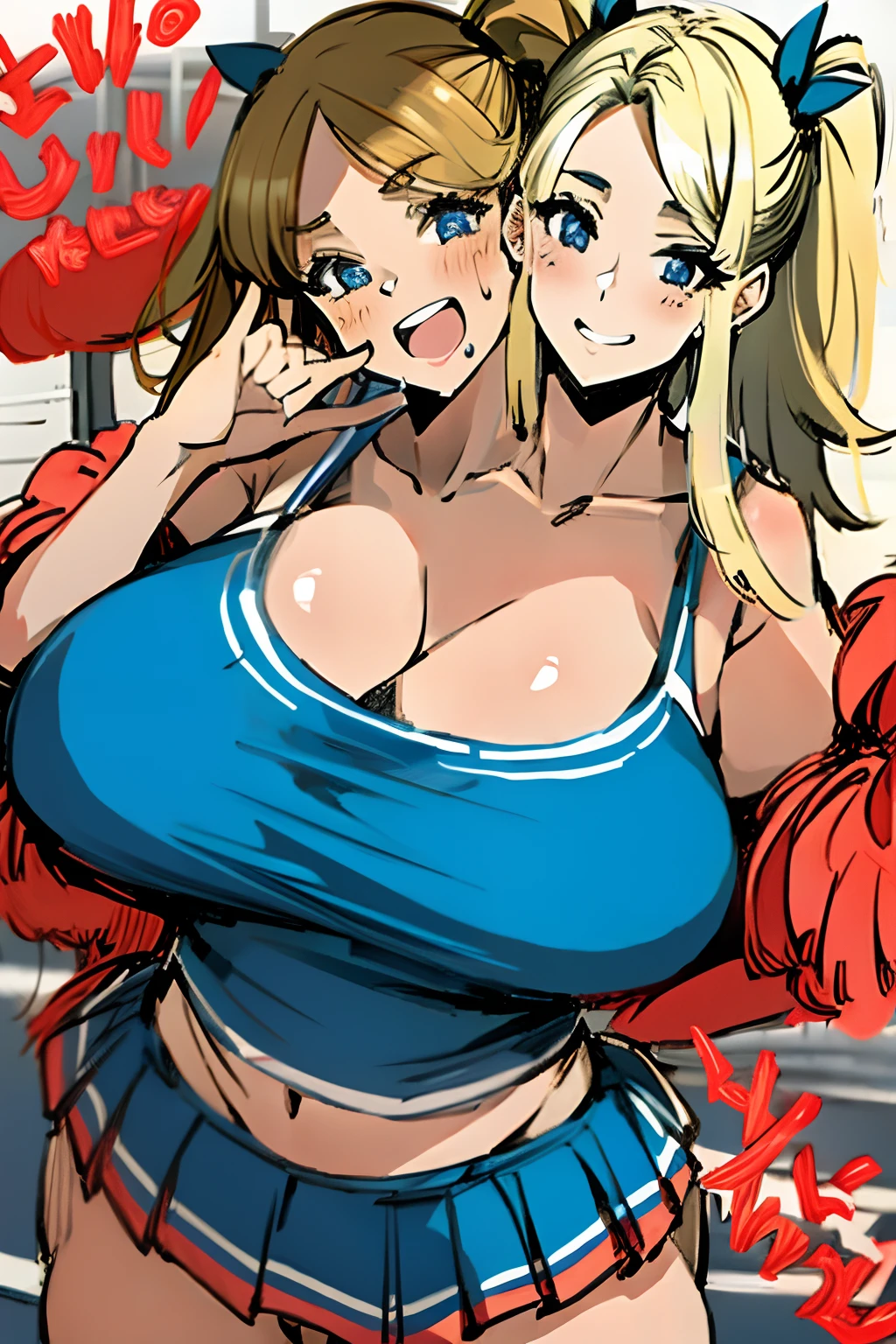 2heads, a short fat woman with 2 heads. She has enormous breasts. She is wearing a cheerleader outfit. She is outside on a football field. She has long blonde hair in a ponytail. She has massive breasts. She is extremely short. She is extremely fat. She looks very happy. She is smiling wide with her mouth open. She is sweating. She has massive breasts. She looks young.