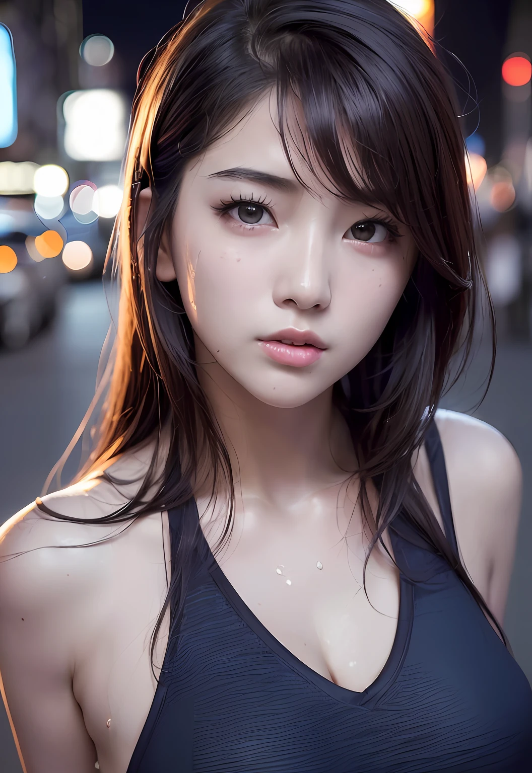 bestquality, ultra-high resolution, (photorealistic portrait:1.4), 8k resolution, 1girls, (I'm random..:1.3), (I'm real..:1.2), (Ulzzang Korea:1.2), (Realistic eyes:1.2), (Beauty Face:1.3), Slim body, white smooth skin, medium breast, cleavage, (Sweaty face:1.2), (Middle Angle:1.3), (Random set), (Stelle: New York Street:1.3), (at night:1.3)