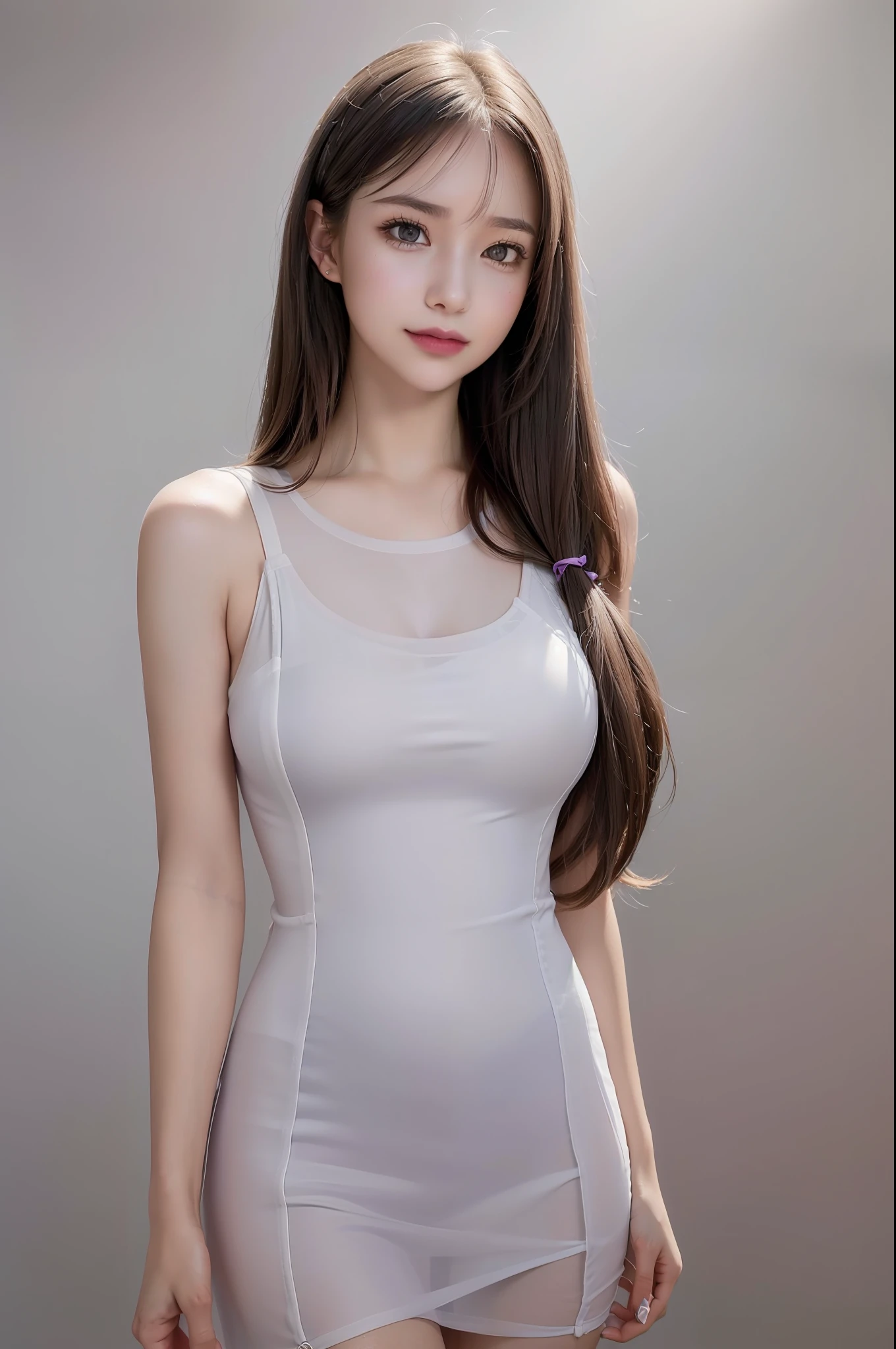 photo of a 18 y.o girl, beautiful vintage color, instagram (photorealistic, high resolution:1.4), ((puffy eyes)), looking at viewer, , full body (8k, RAW photo, best quality, masterpiece:1.2), (realistic, photo-realistic:1.37), (sharp focus:1.2), professional lighting, photon mapping, radiosity, physically-based rendering, (pale skin:1.2), (medium breasts:1.2), looking at viewer, (middle hair:1.5), portrait, purple eyes, (sliver hair:1.1), bangs, (simple background:1.4), solo, upper body, realistic, (masterpiece:1.4), (best quality:1.4), (shiny skin), fashion girl, makeup, smile(skinny, closed mouth,shy:1.3), (sheer sun dresses:1.5513), (standing:1.1), medium bust, sexy pose, {NSFW:1.2},